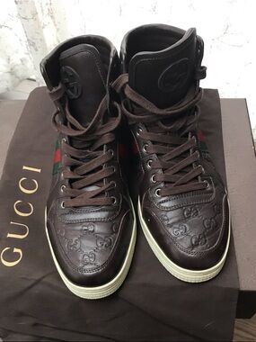 Gucci Dark Brown Leather High-Top Sneakers with Green-Red Web Stripe